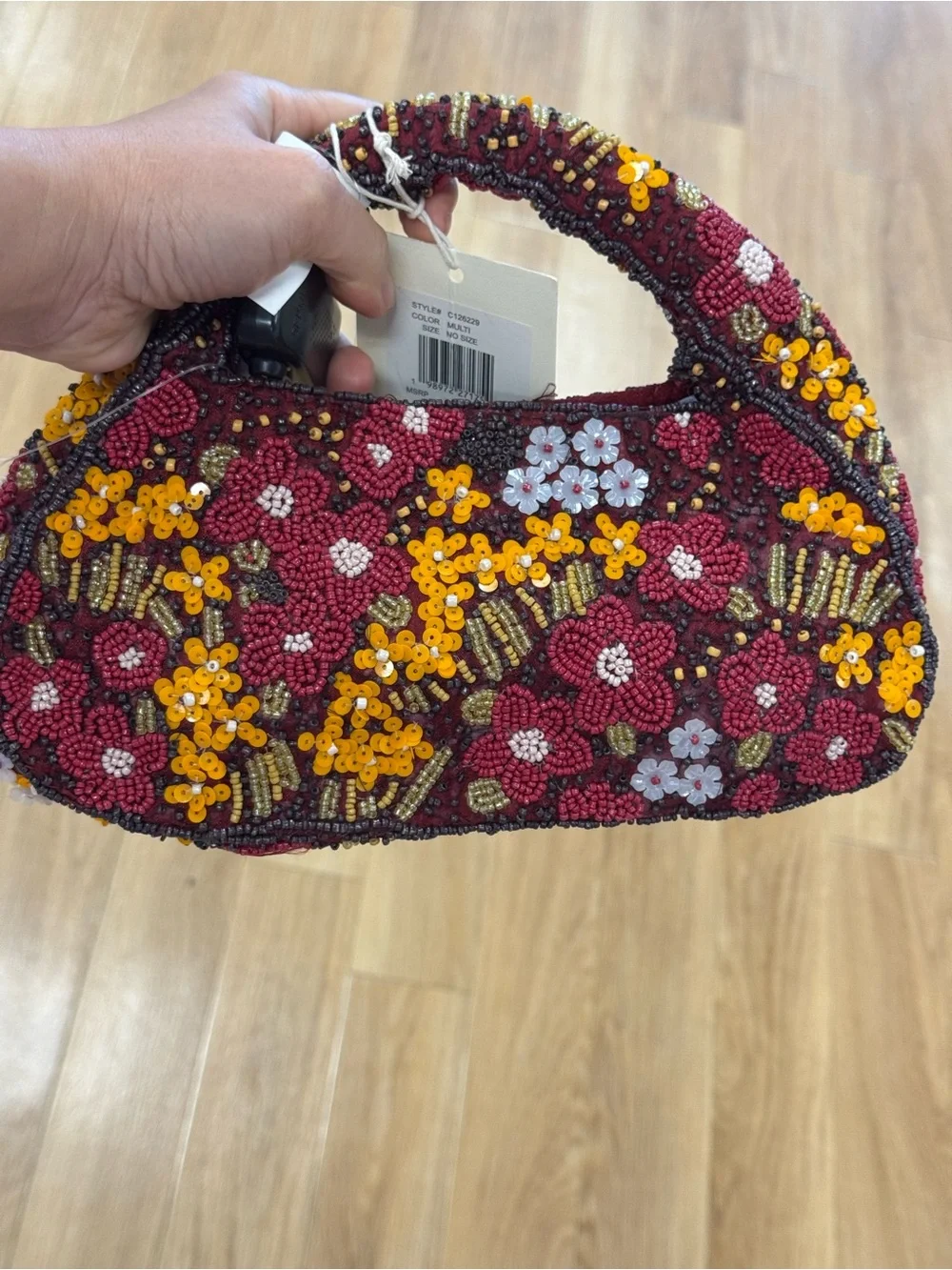 Beaded Floral Handbag in Burgundy and Yellow